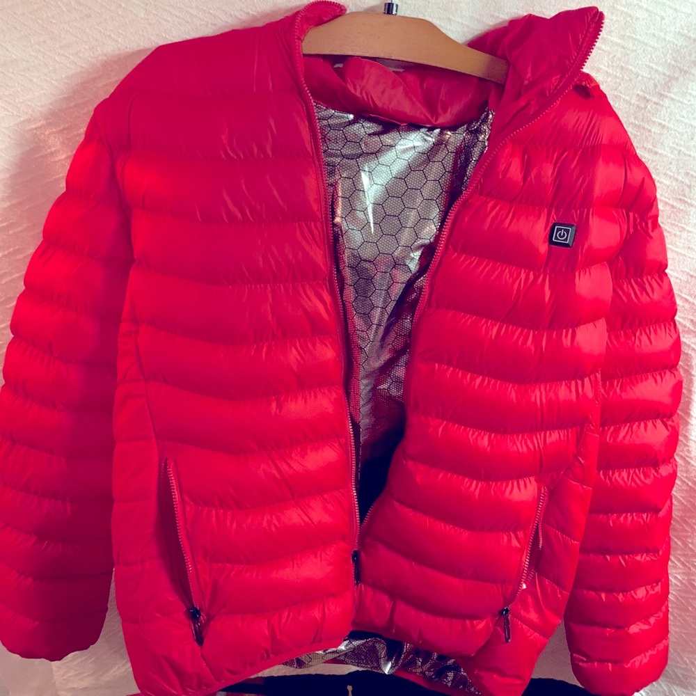 Red insulated, heated coat
